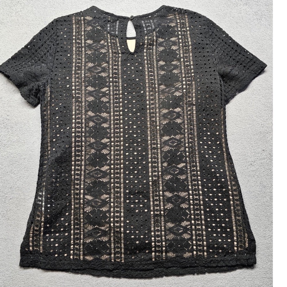 Banana‎ Republic Blouse Top Womens XS Black Lace Floral Short Sleeve Pullover